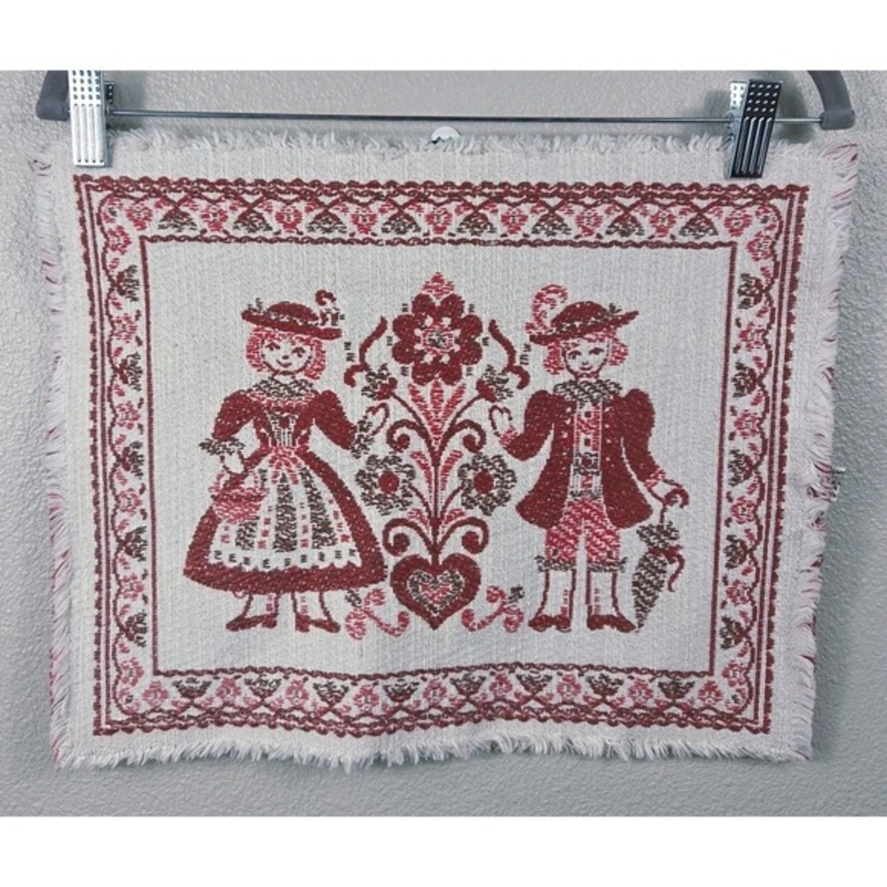 vintage austrian folk tapestry wall‎ hanging red cream cotton linen 13x15